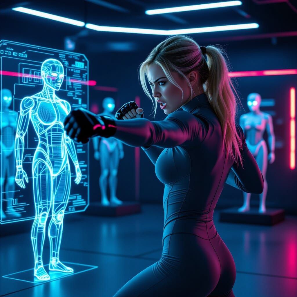 Futuristic Dojo: Woman Training in Cyberpunk Style
