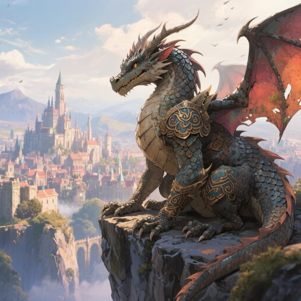 Dragon Overlooking Medieval City in Anime Style