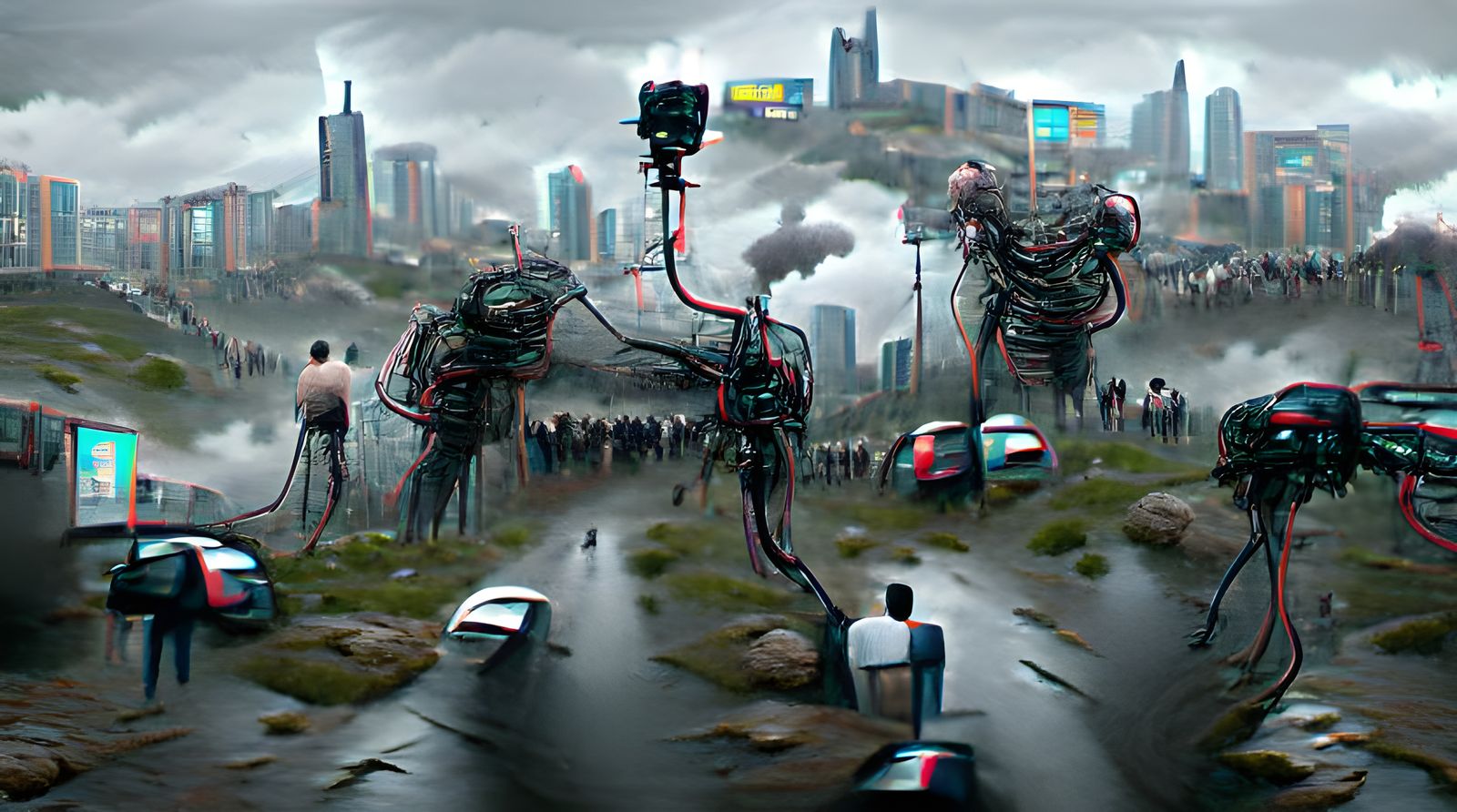 Menacing Robot Dominates Cowering Humans in Futuristic City