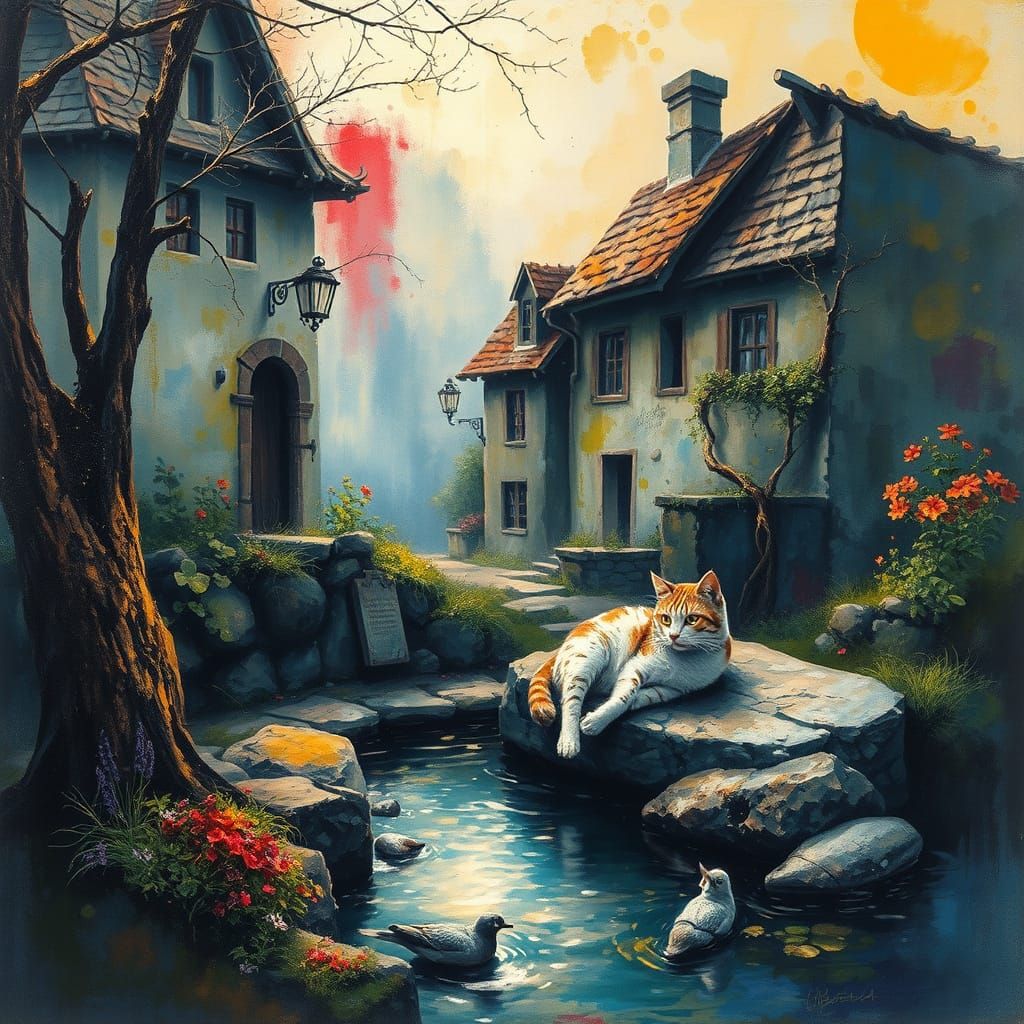 Cat Nap: Village Well in Gouache Style