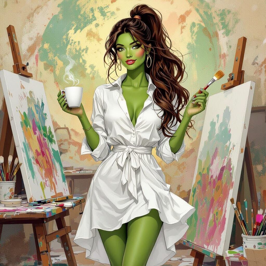 Green Skinned Artist in Art Nouveau Studio