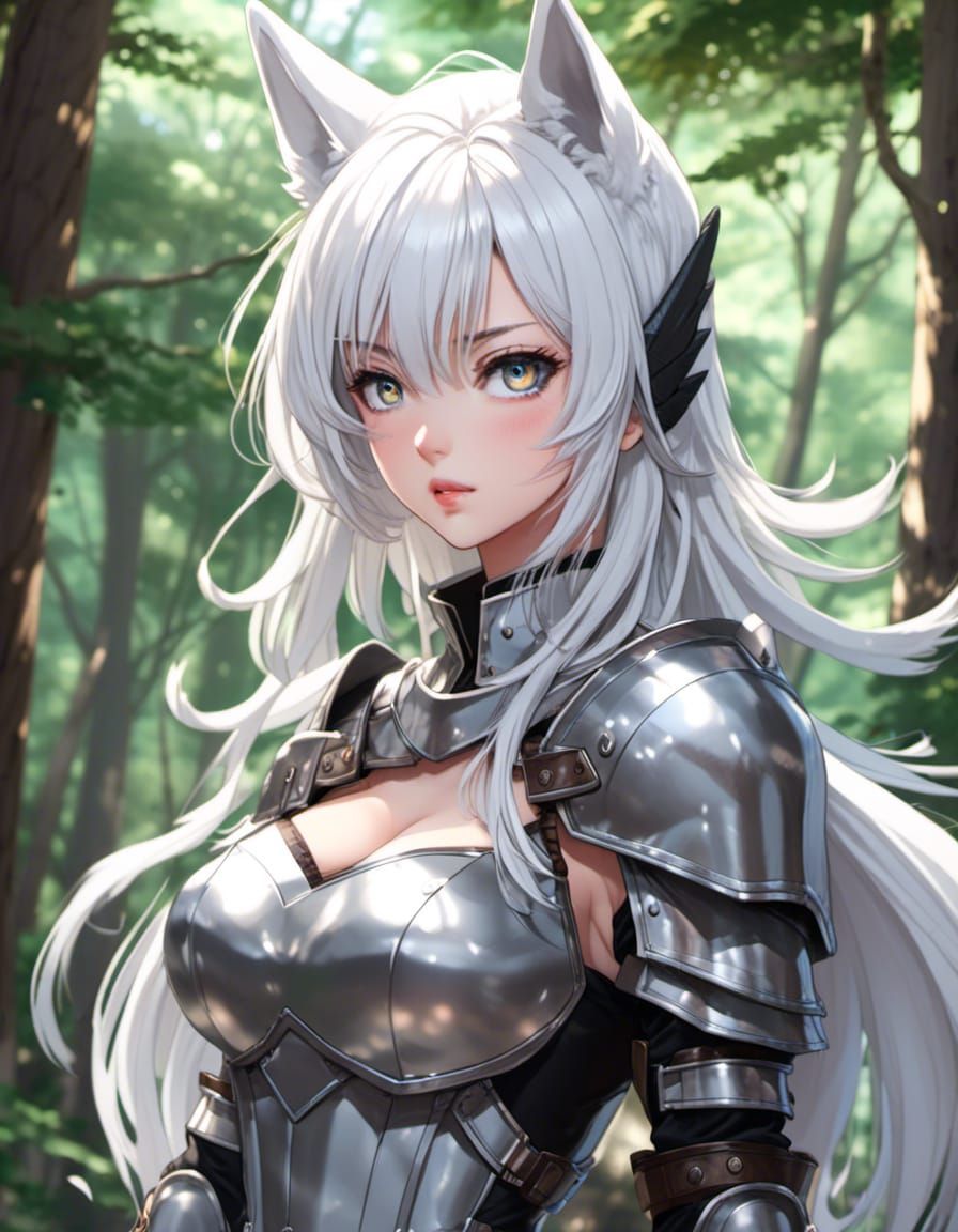 Anime Knight Girl with Wolf Ears in Forest