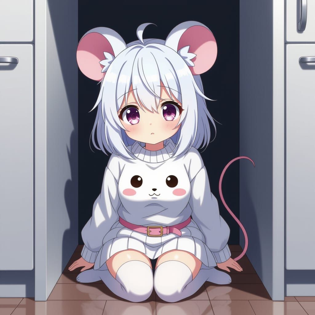 Anime Girl as Mouseling in Kitchen Corner