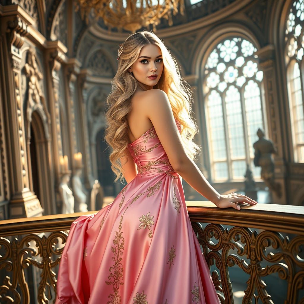 Ethereal Blonde Goddess on Ornate Balcony