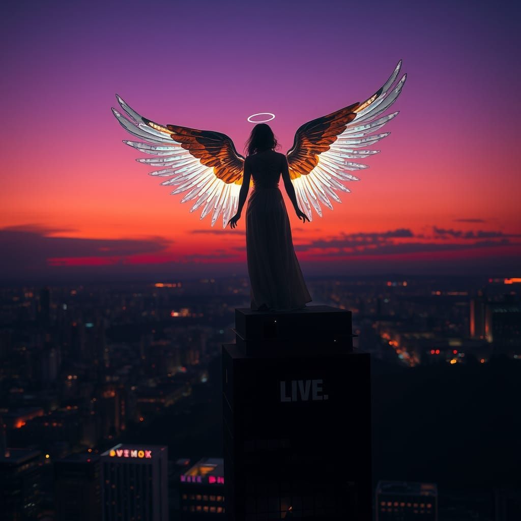 Luminous Angel on Skyscraper at Twilight