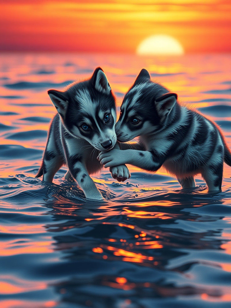 Wolf Pups Play at Sunset: A Digital Painting