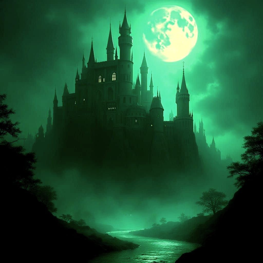 Glowing Fantasy Citadel at Night with Ethereal Beings