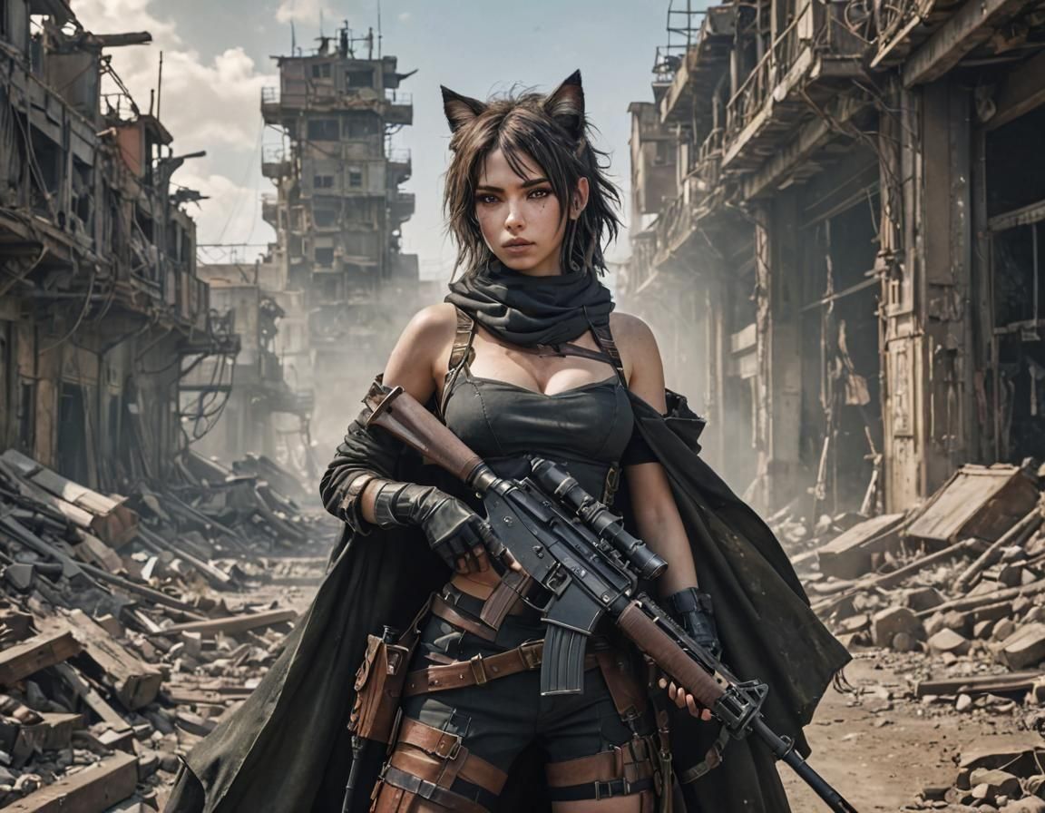 Anime Catgirl Soldier in Dieselpunk Wasteland