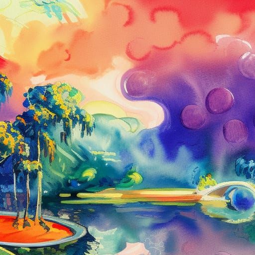 Gouache Watercolor Island Painting in Impressionist Style