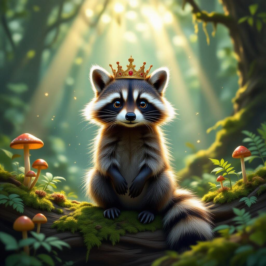 Whimsical Raccoon King in Enchanted Forest Concept Art