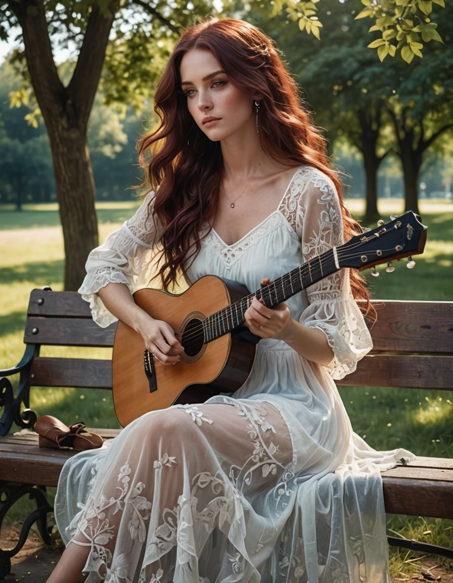 Woman with Burgundy Hair Playing Guitar