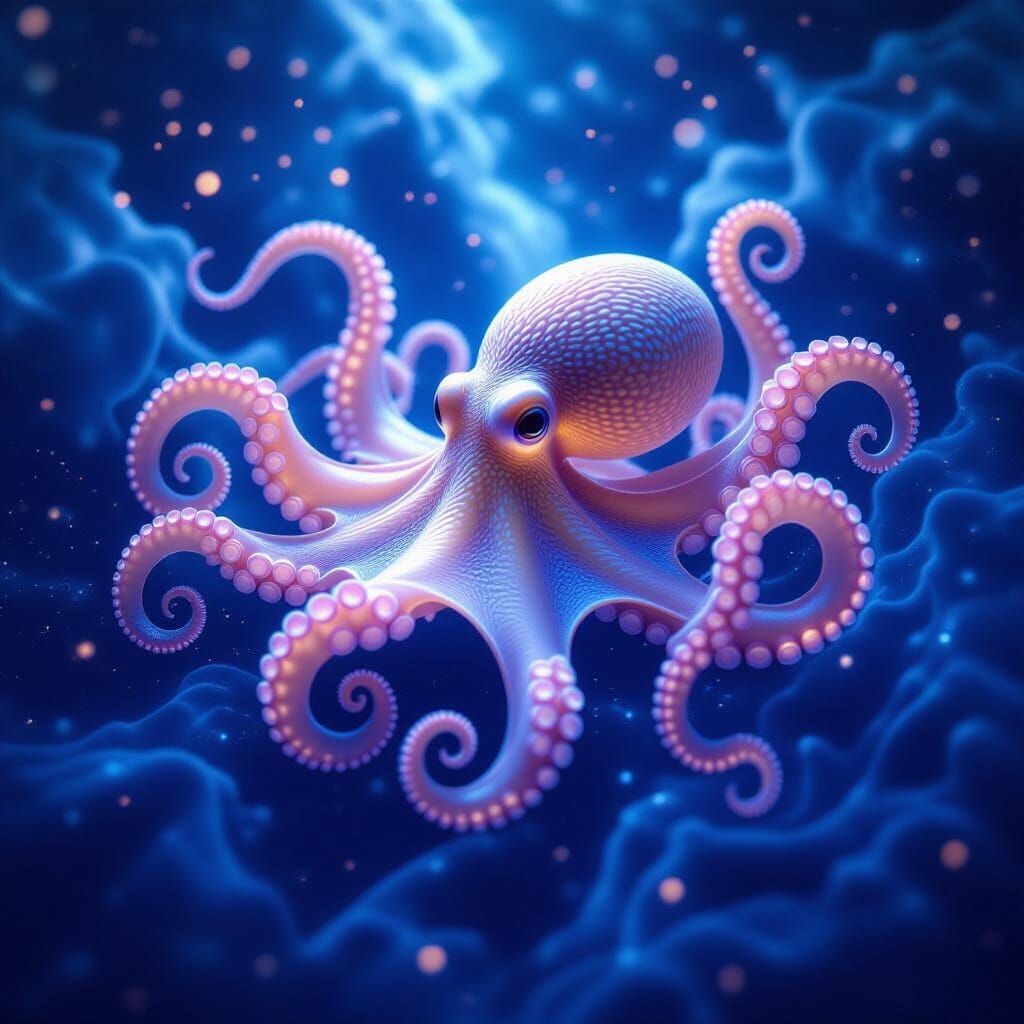 Cosmic Octopus in Starry Ocean, Dreamlike Digital Art
