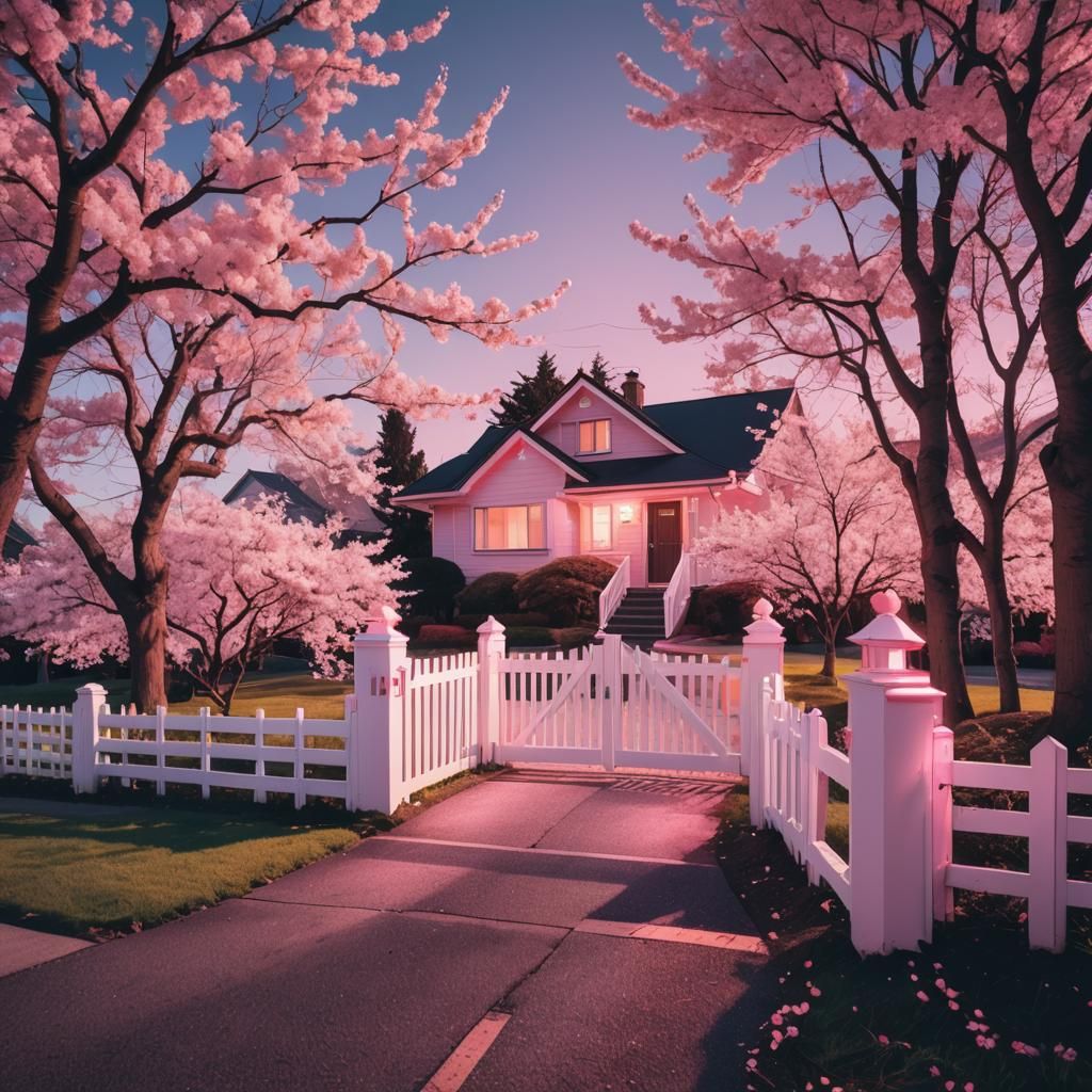 Synthwave Driveway with Cherry Blossoms in Neon