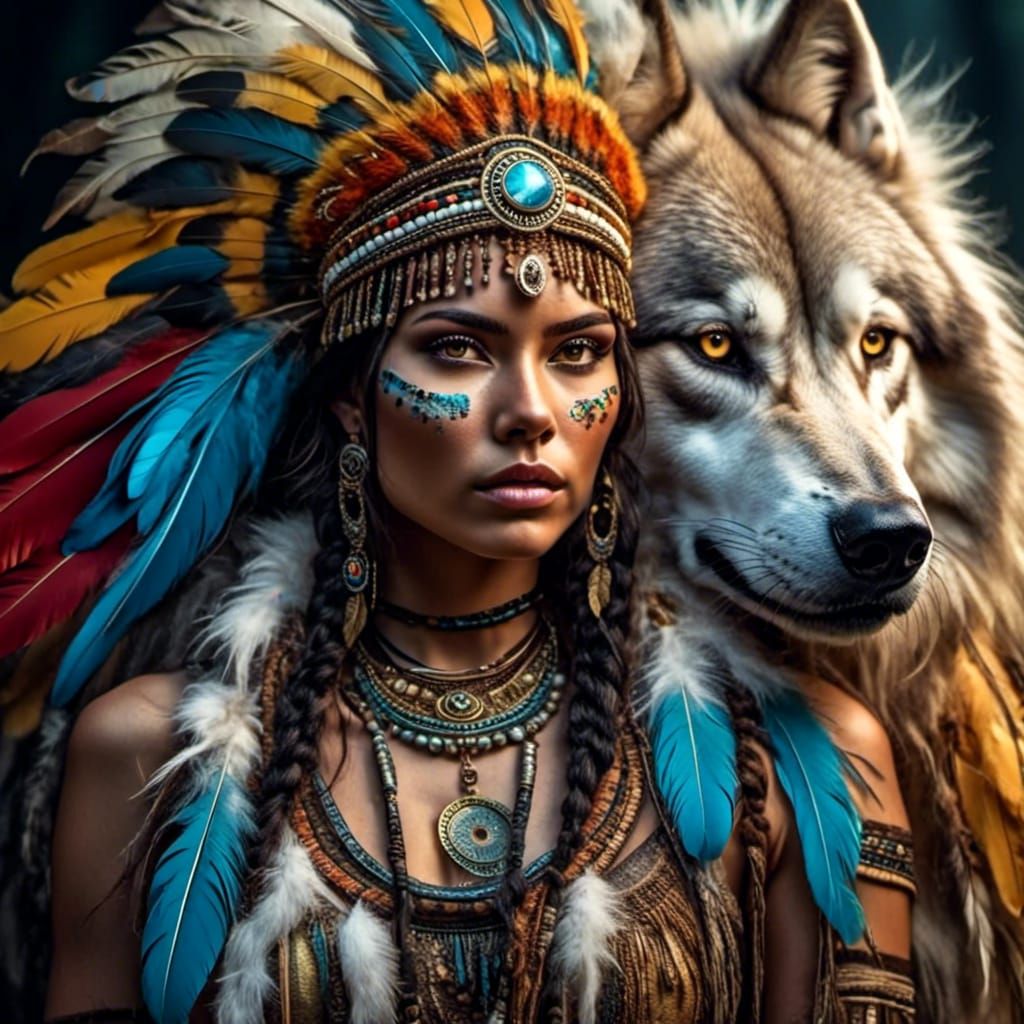 Native American Woman with Spirit Wolf Companion