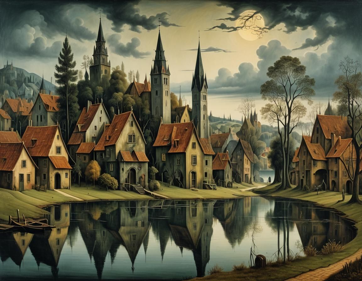 Cosmic Village by Lake, in Surrealist Style