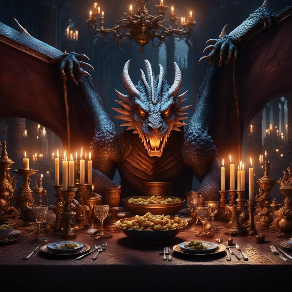 Dragon Counsel Dinner in Moonlight, Fantasy Concept Art