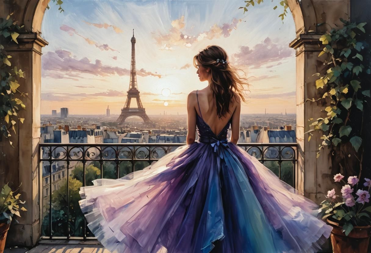 Parisian Skyline View with Woman in Tulle Dress