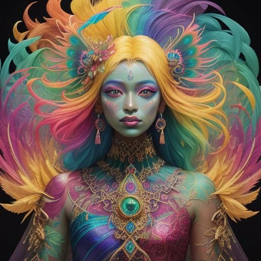 Colorful Dragon Peacock Woman Portrait in Astral Style