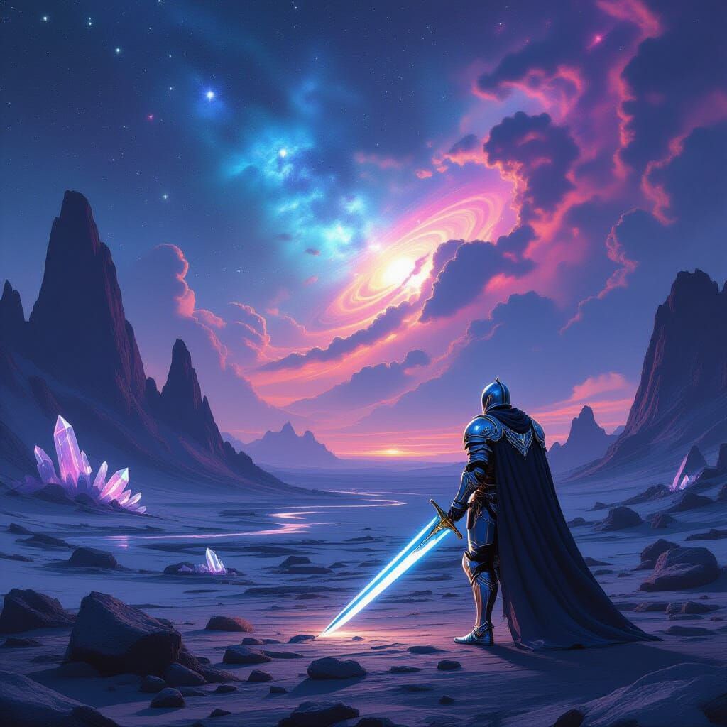 Cosmic Knight on Alien World Gazing at Nebula