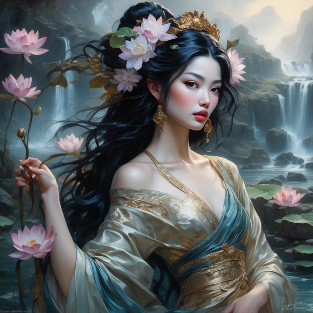 Kuan Yin Goddess with Lotus Flowers in Griffith Style