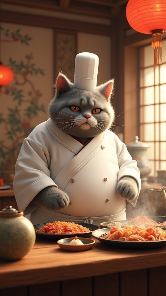 Feline Chef Prepares Traditional Japanese Cuisine in Vibrant...