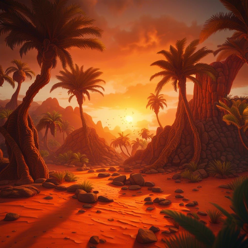 Tropical Desert Sunset: Detailed Matte Painting