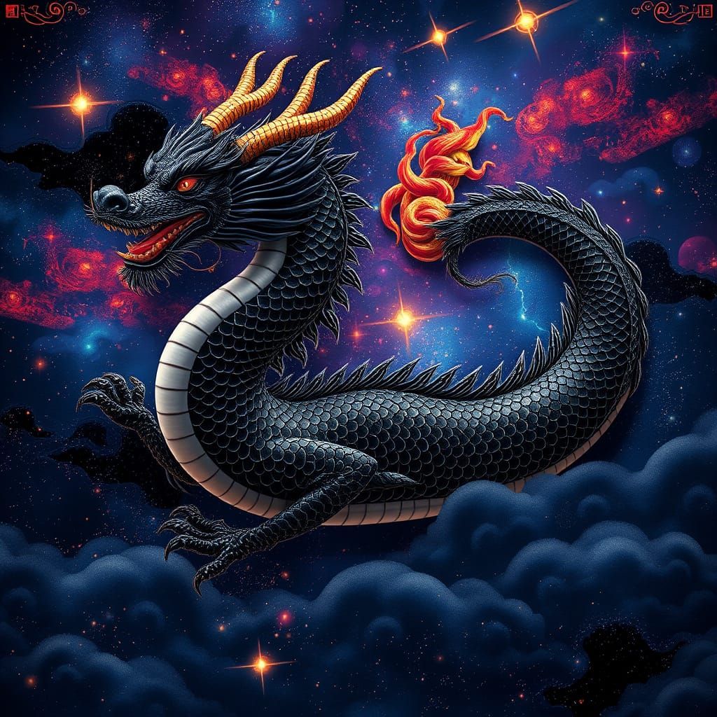 Cosmic Chinese Night Dragon with Nebula Decorations