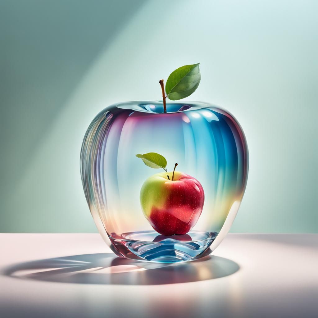 Hyperrealistic Crystal Apple in Glass Box