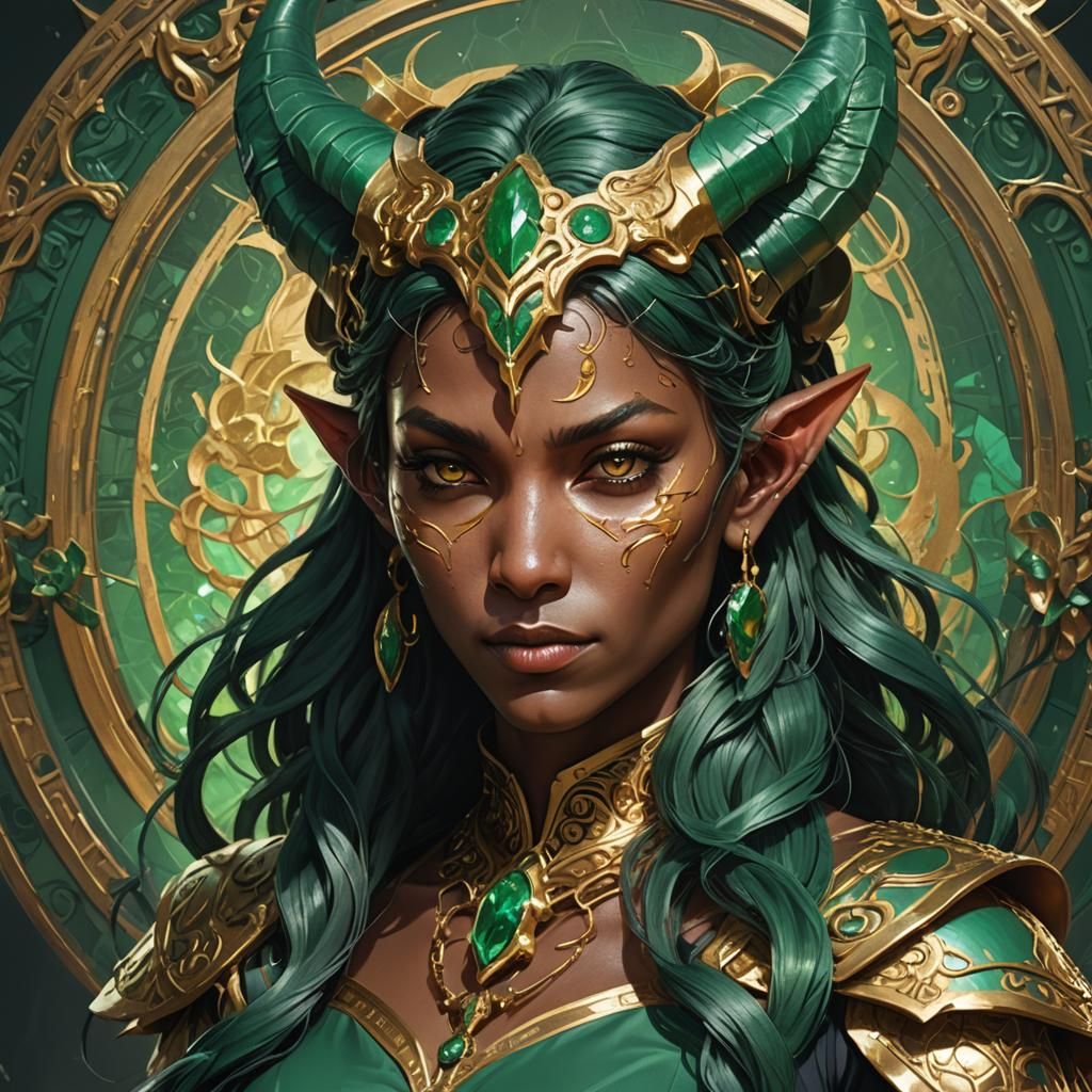 Emerald and Gold Tiefling Portrait in High Resolution