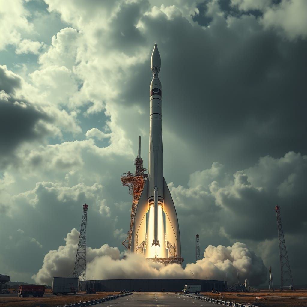 Hyperrealistic Rocket Launch to the Moon in Cloudy Sky