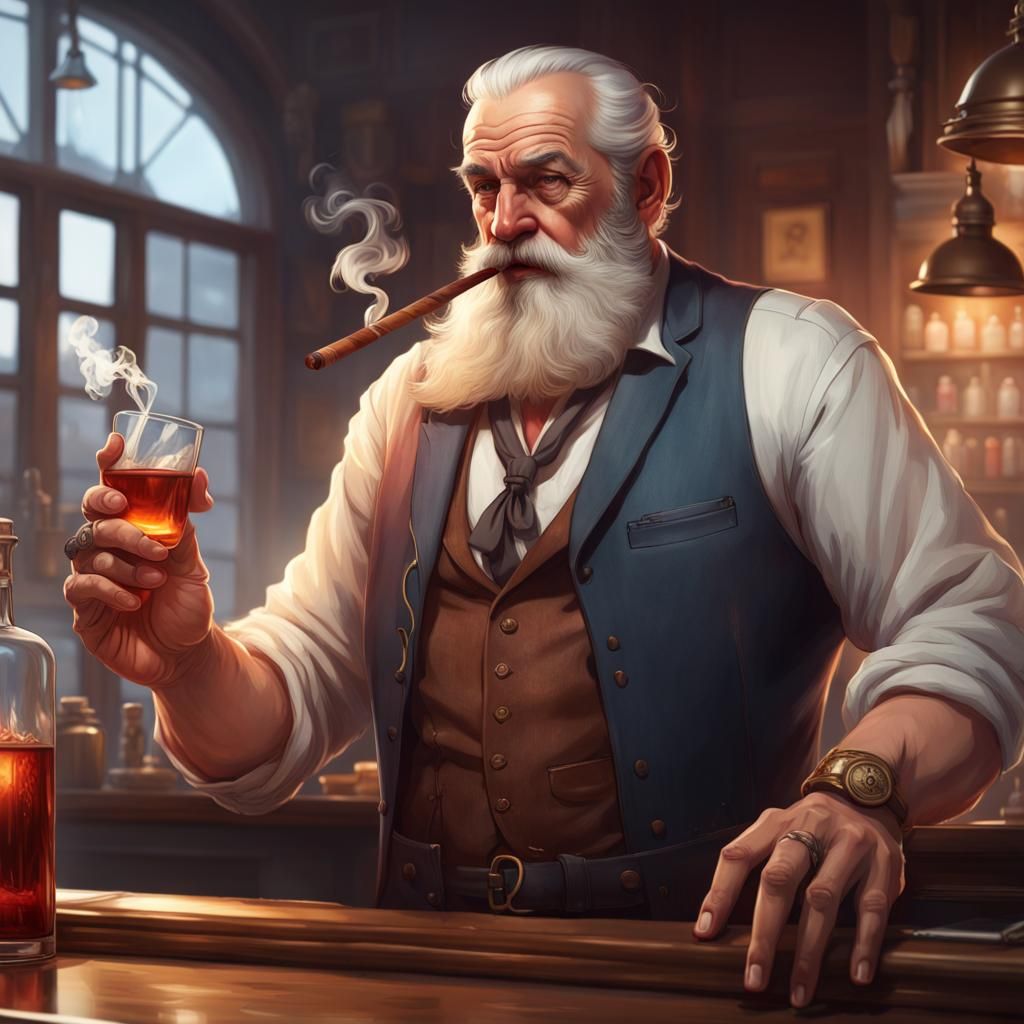 Bartender Smoking Cigar: Concept Art by Artgerm