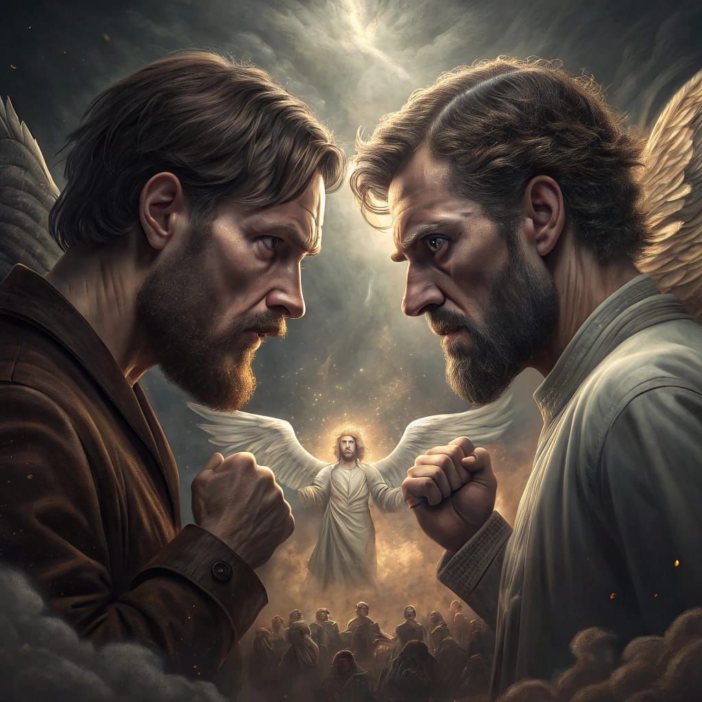 Angels Observe Fight: Hyperrealistic Art Nouveau Scene