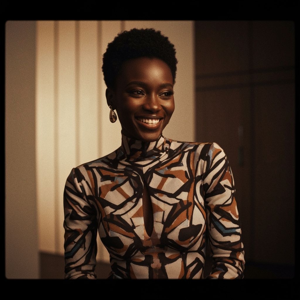 Smiling Woman in Abstract Outfit, Cinematic Portrait