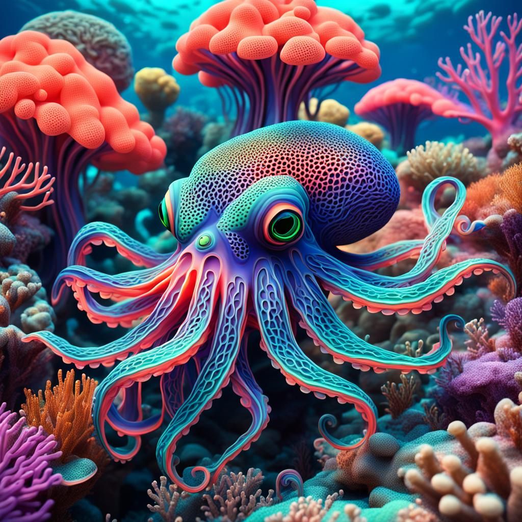 Neon Squid Swimming in Coral Reef: 3D Render