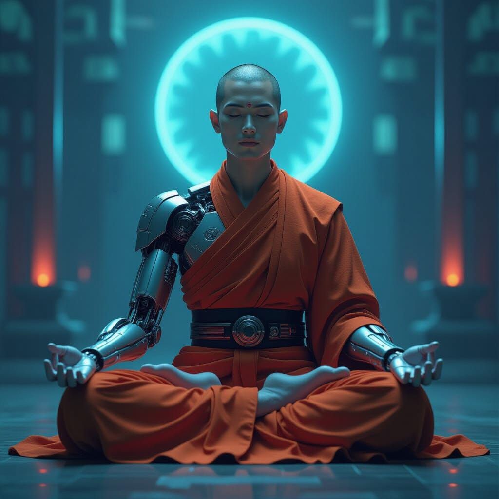 Cyborg Monk Meditating in Cyberpunk Style