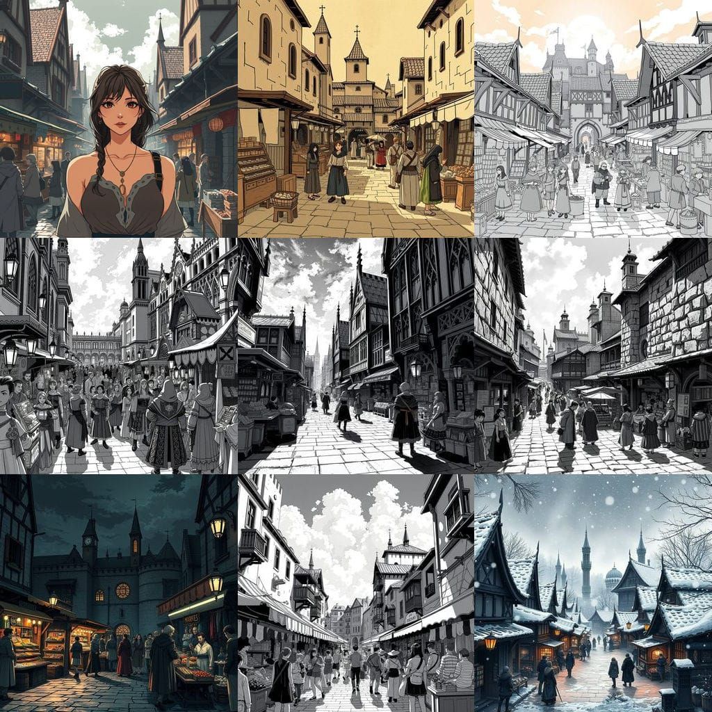 Medieval Market Scene in Anime-Style Black and White Manga