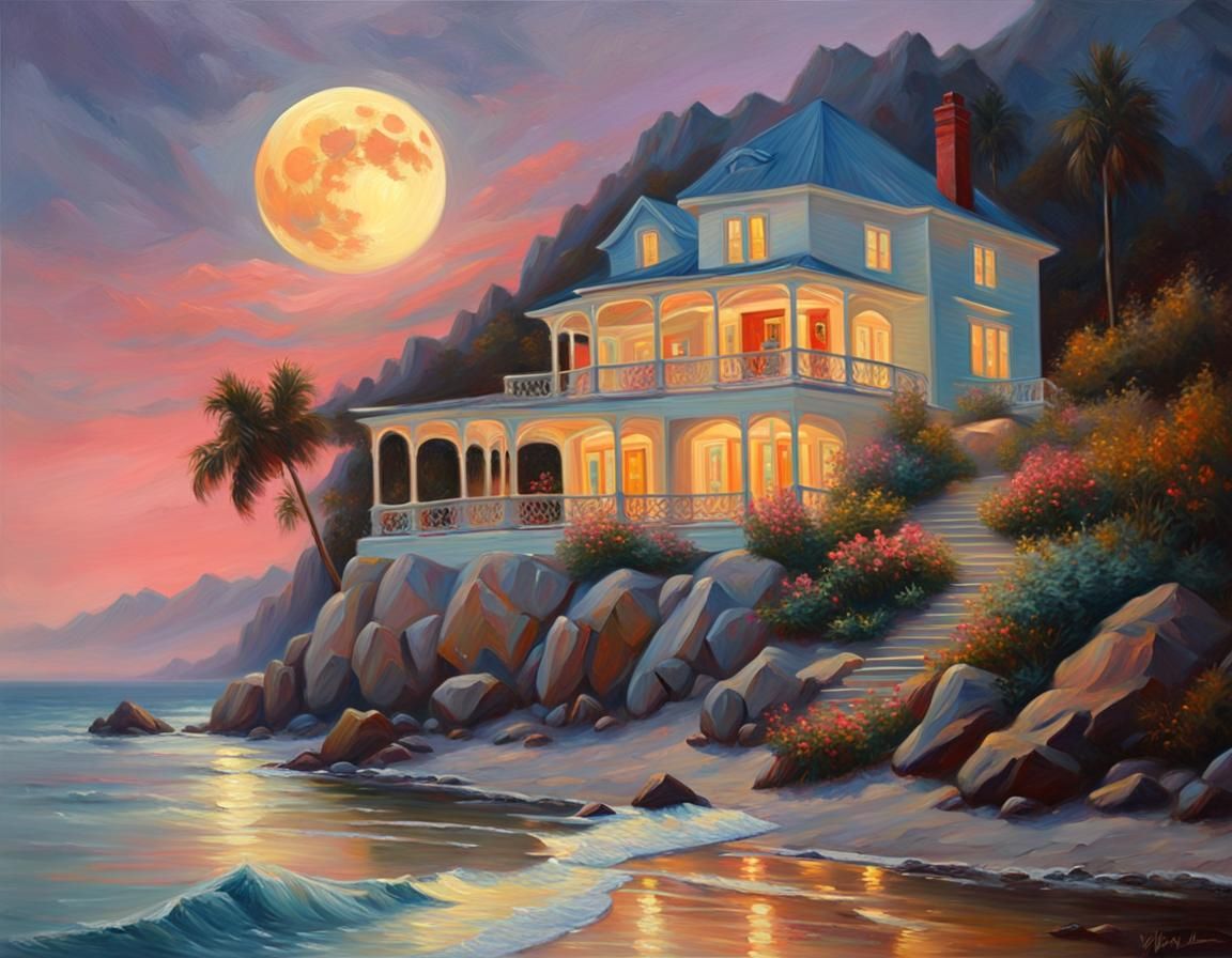 Moonlit Seascape Oil Painting with Volumetric Lighting