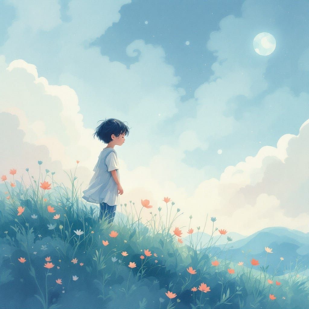 Dreamy Kid in Watercolor Landscape