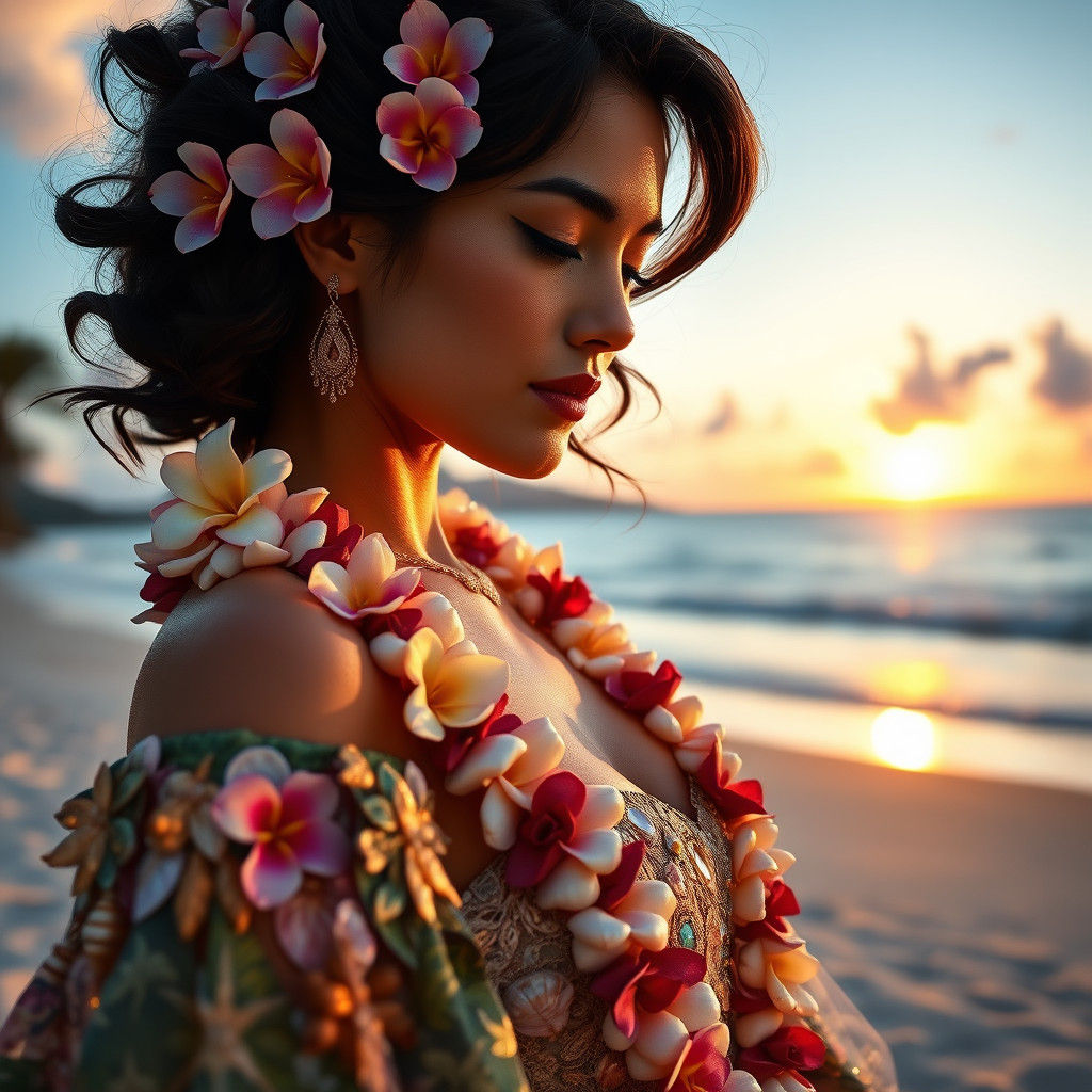 Lei Gown: Woman in Seashell Dress on Hawaiian Beach