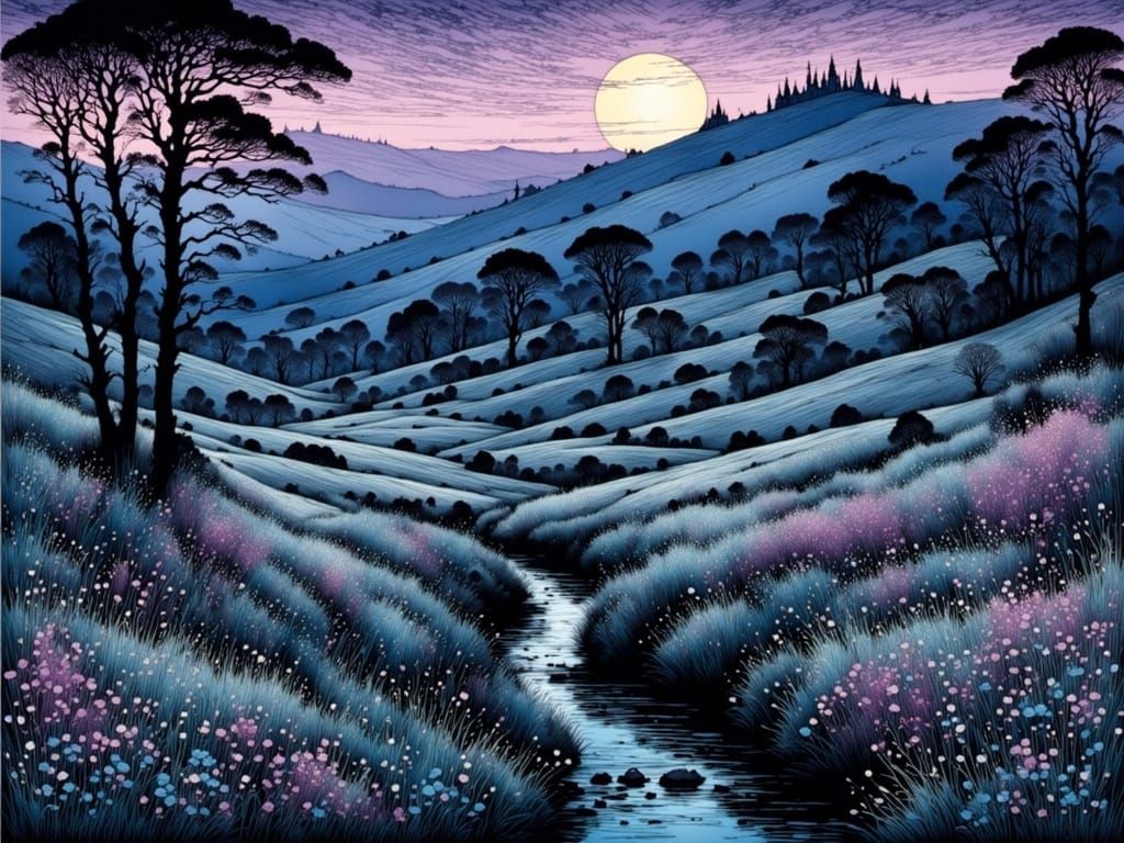 Violet Twilight Landscape in Hand-Drawn Linocut Style