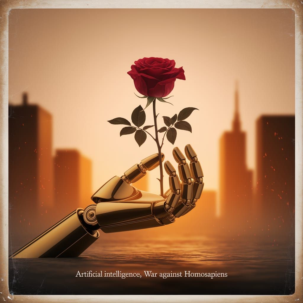 Robotic Hand Cradling Rose in Warm Digital Art