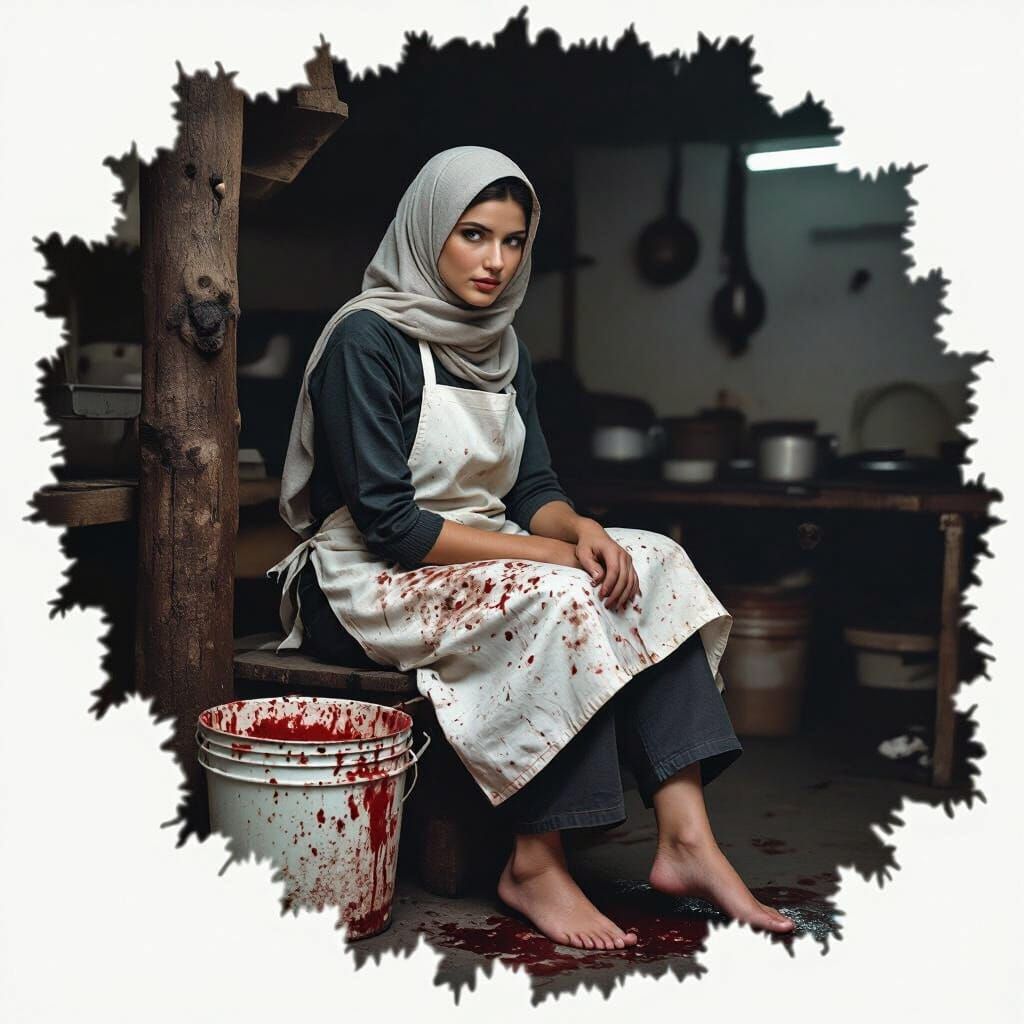 Gritty Butcher Shop: Barefoot Woman in Cinematic Style