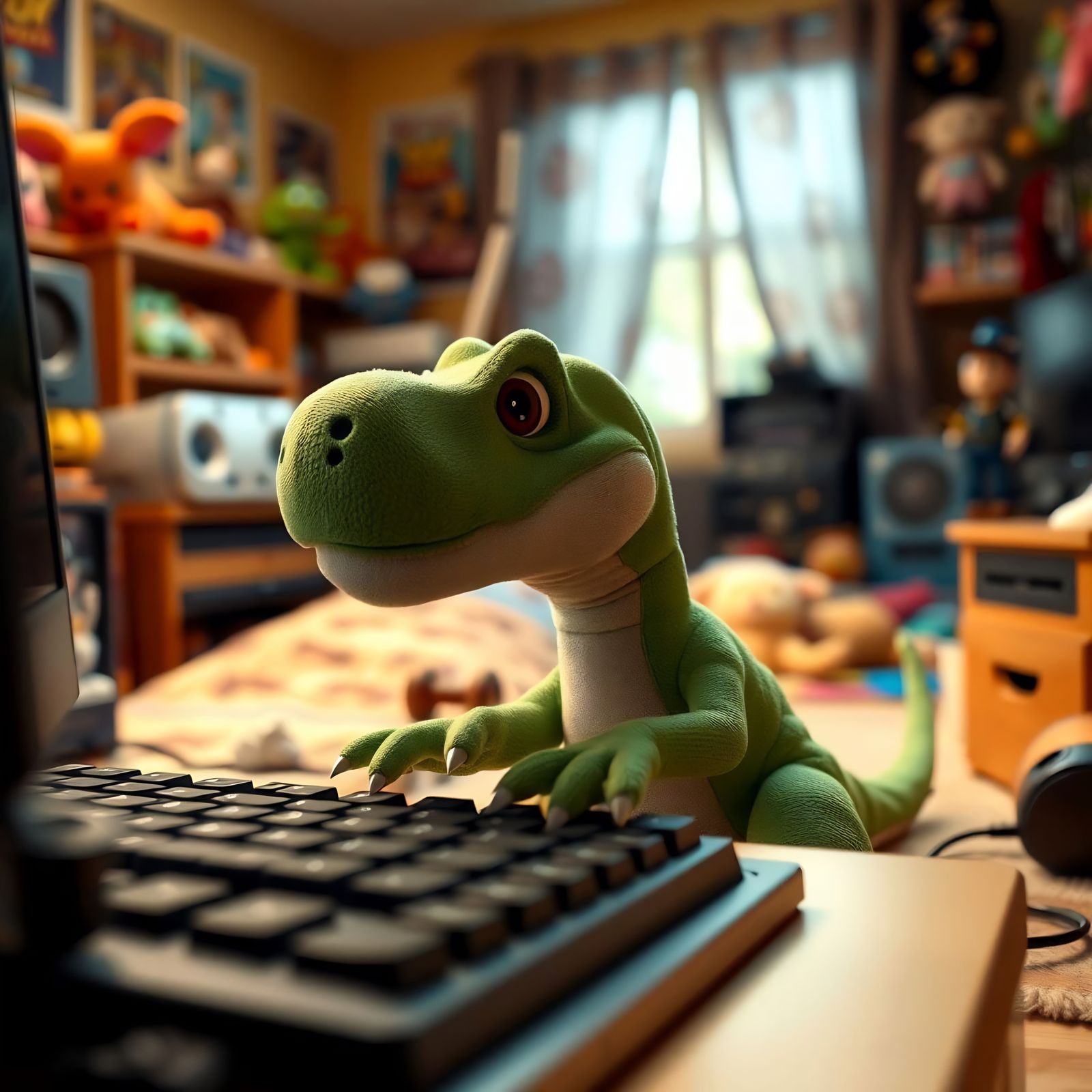 Happy T Rex Toy Typist in Toy Room Masterpiece