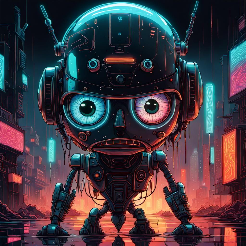 Angry Robot with Neon Lines in Cyberpunk Style