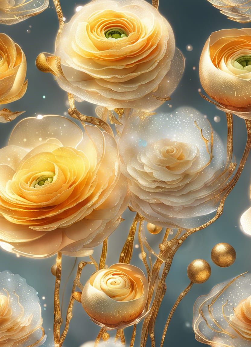 Glittering Ranunculus Flower with Gold Filigree