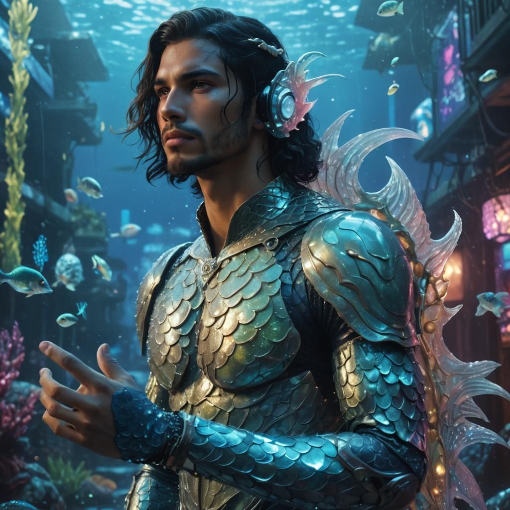 Bioluminescent Merman Warrior in Cyberpunk Sea