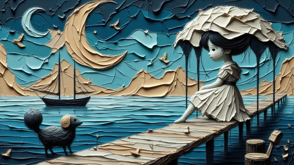 Whimsical Paper Diorama of Coastal Village in Teacup