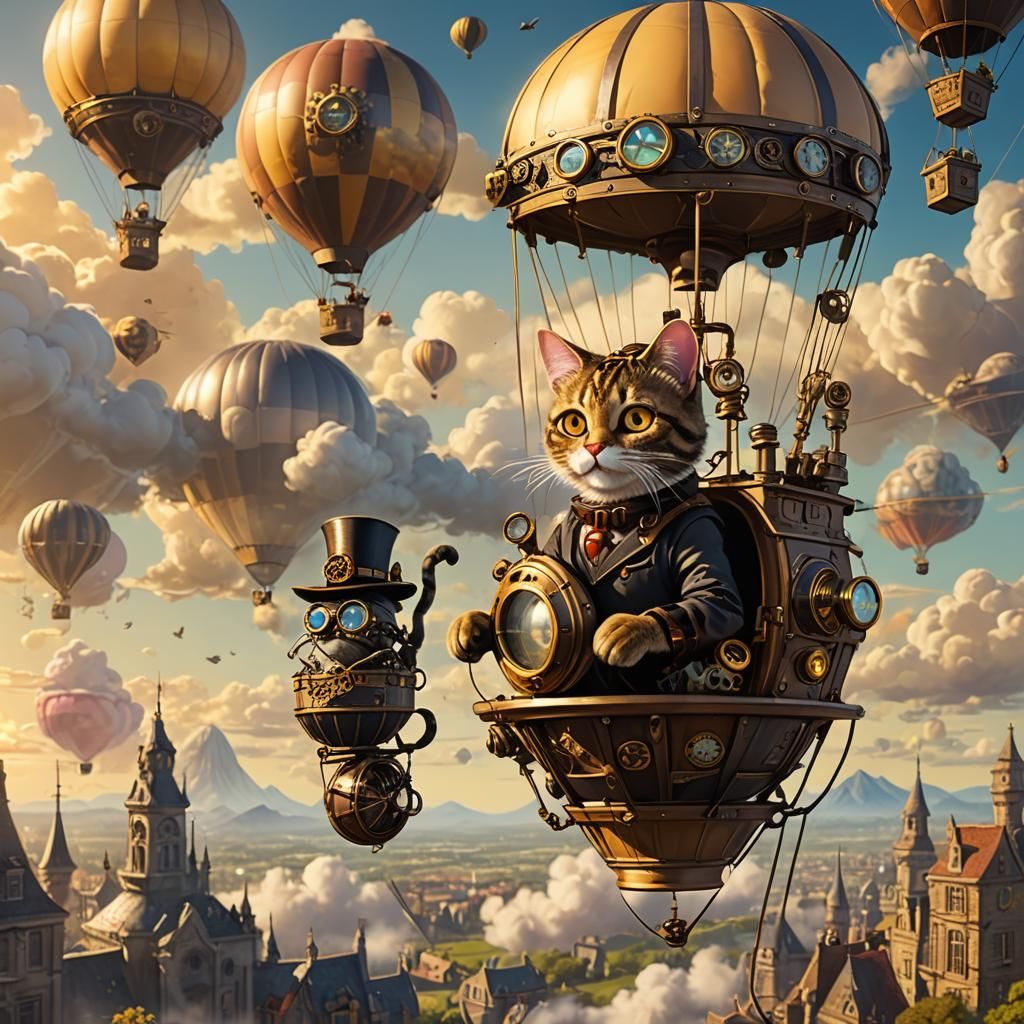 Steampunk Cat Adventurer on Floating Island Contraption