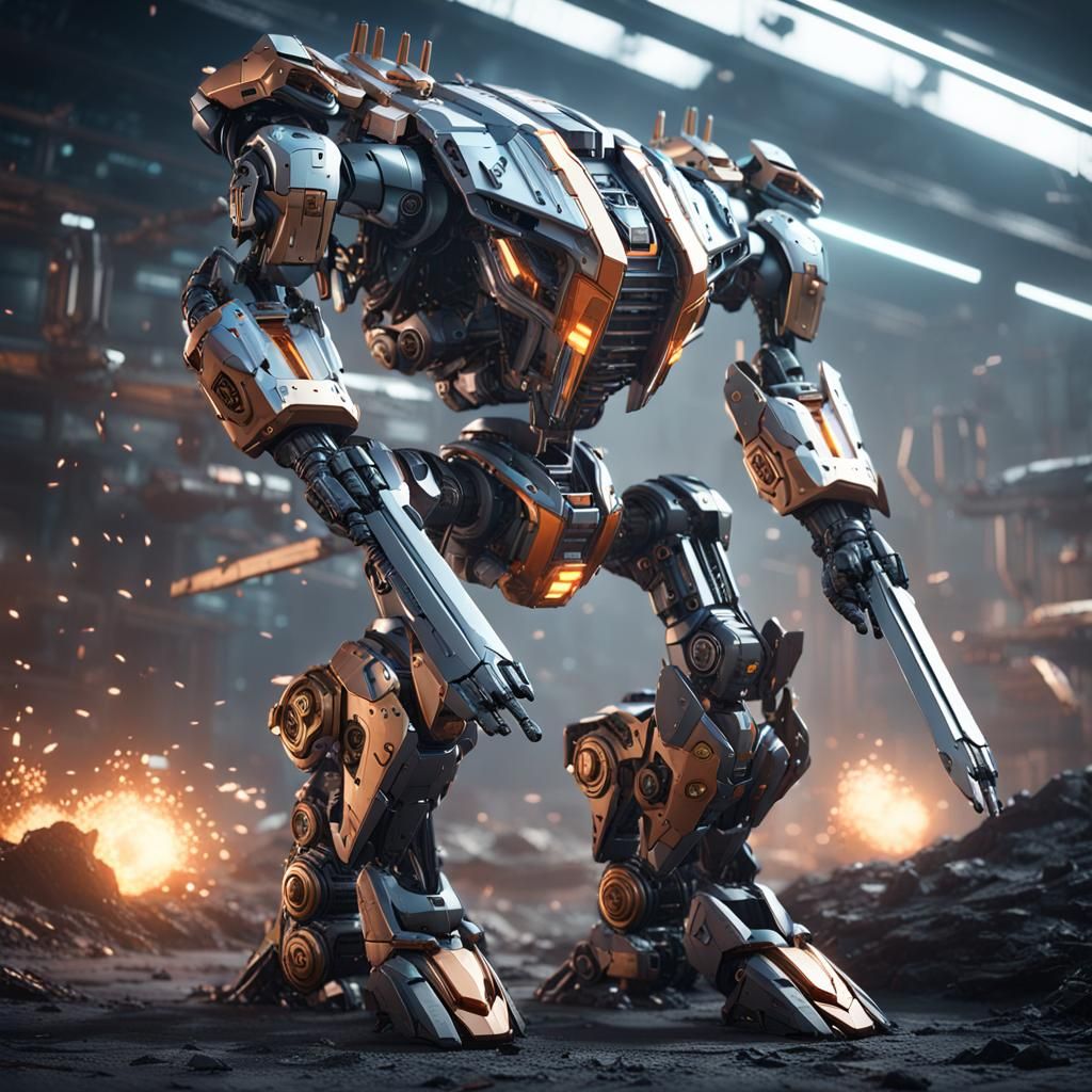 Achilles Robot Warrior with Weapons in Sci-Fi Style