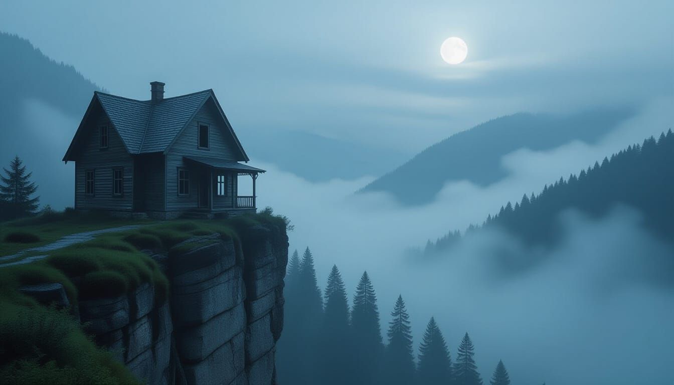 Eerie Foggy Mountain House at Moonlight